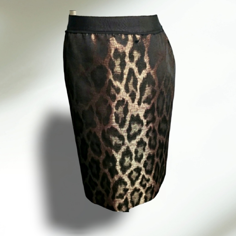 Leopard Metalic Ribbon Waistband Animal Print Pencil Mob Wife Sexy Secretary 10P